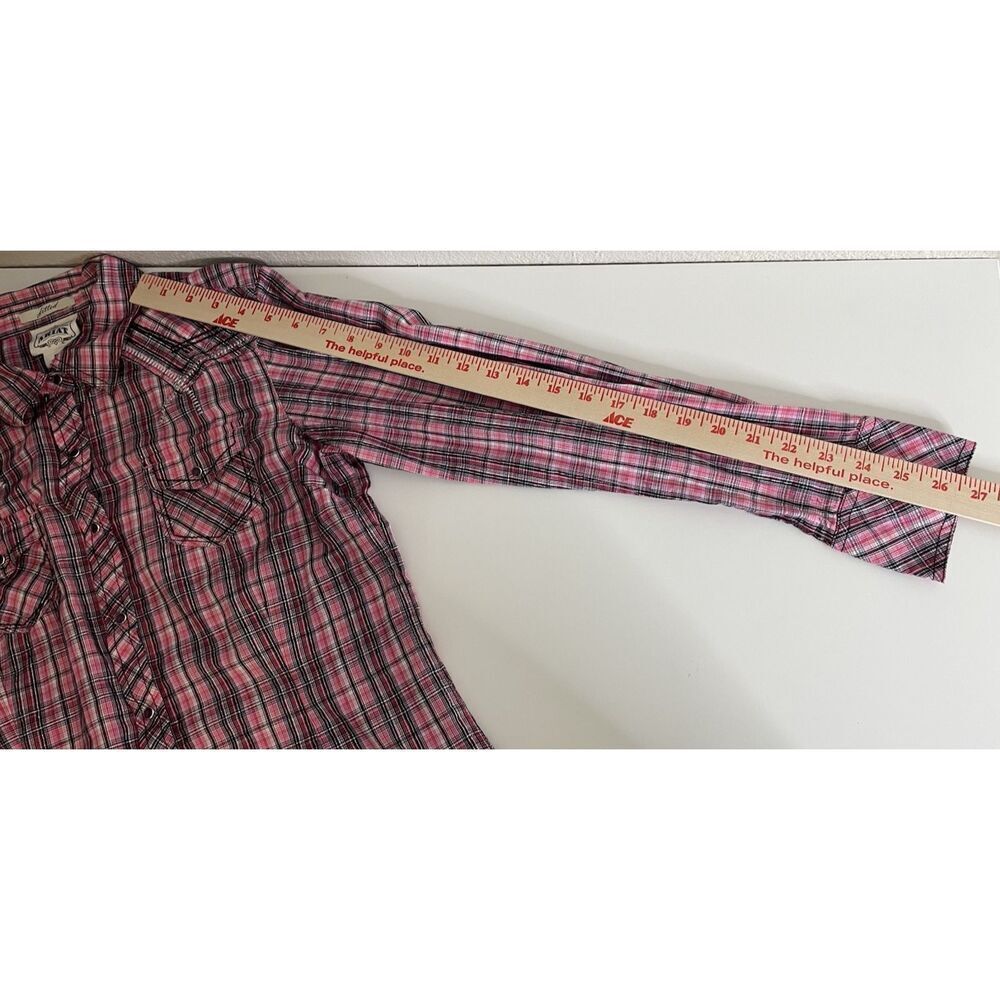 ARIAT Size M Pearl Snap Button Shirt Fitted Pink Plaid Embroidered Womens Silver - Picture 8 of 10